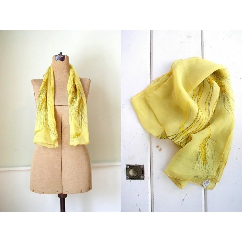 Vintage 1960's Vera Silk Chiffon Scarf Fields of Gold Yellow Signed Hand Rolled